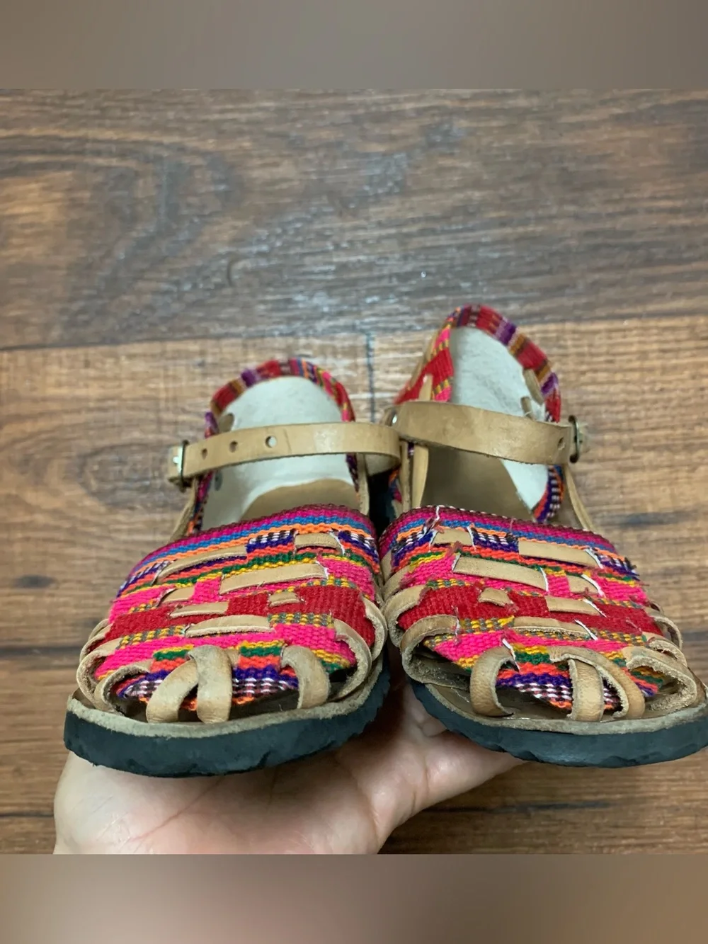 Colorful Woven Leather Mary Jane Sandals Handmade Girls Mexican Sz 29 (11 USA)
